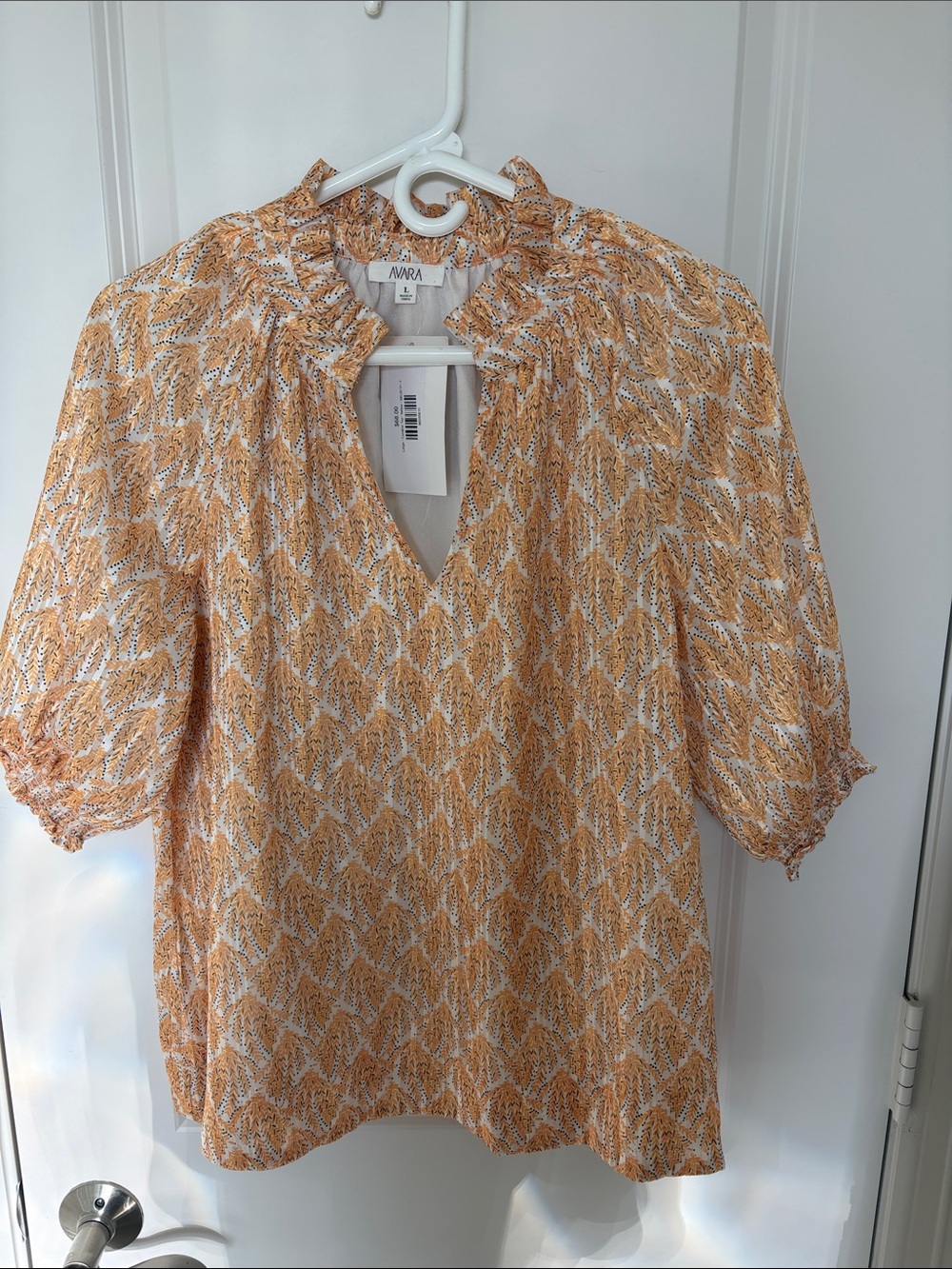 A.N.A. Orange Print Split-Neck Puff Sleeve Blouse